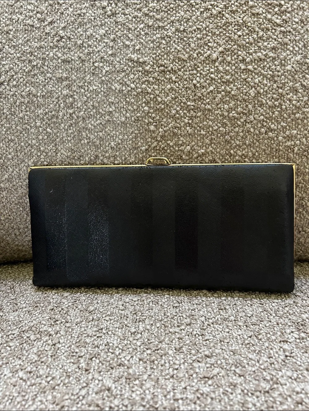Black Textured Long Wallet with Gold Trim